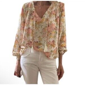 Joie Womens Floral Metallic Crepe Blouse S‎ Long Sleeve Tassel Boho peasant